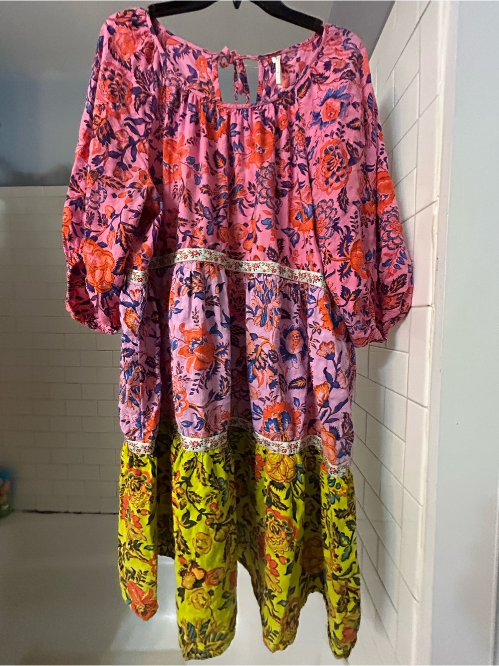 Anthropologie Pink & Yellow Floral Tiered Peasant Dress
